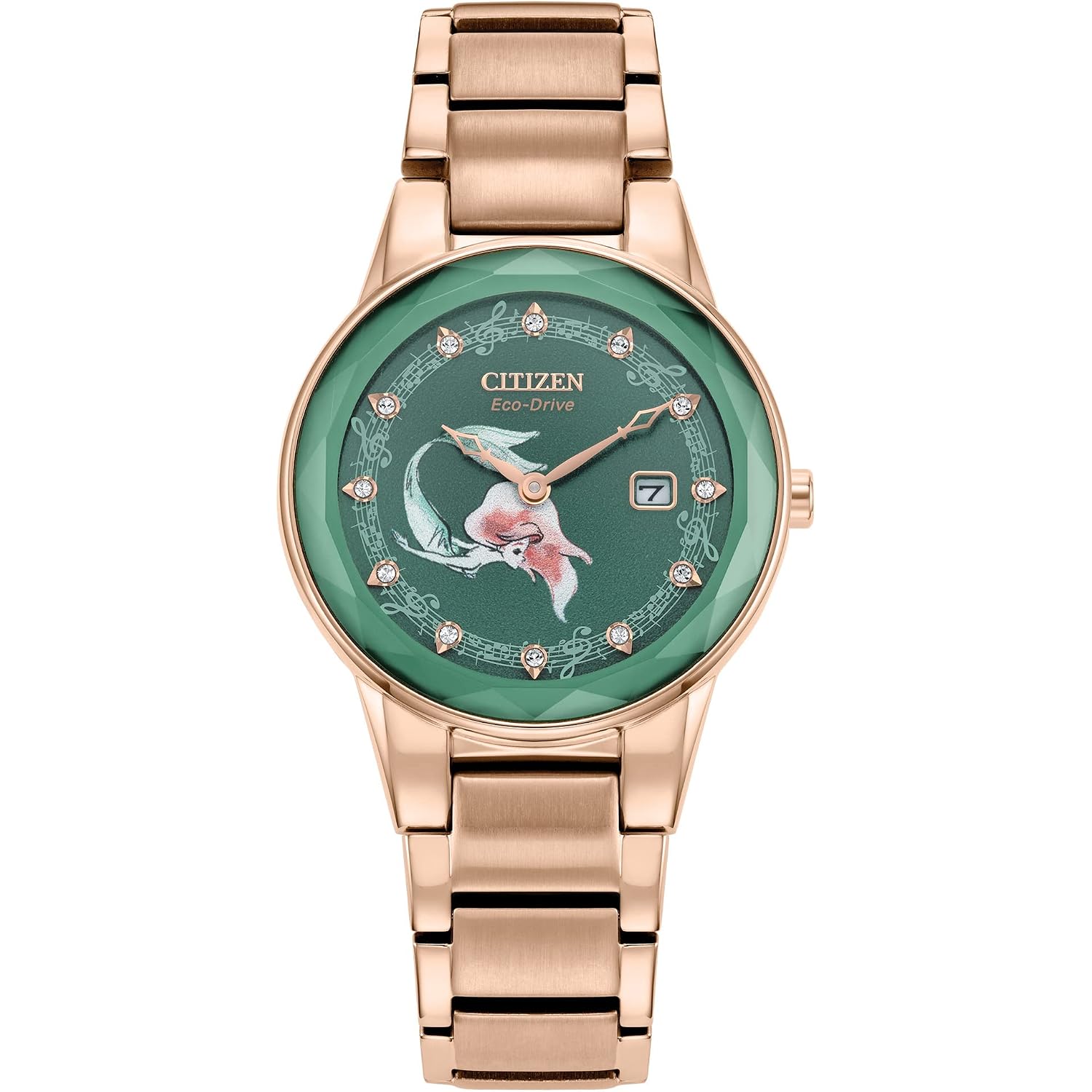 Citizen Eco-Drive Ladies' Special Edition Disney Princess Ariel Making Waves My Way Faceted Crystal Watch And Pin Gift Set, Gold Stainless Steel Watch, Green Dial, 30Mm (Model: Ga1073-63W)