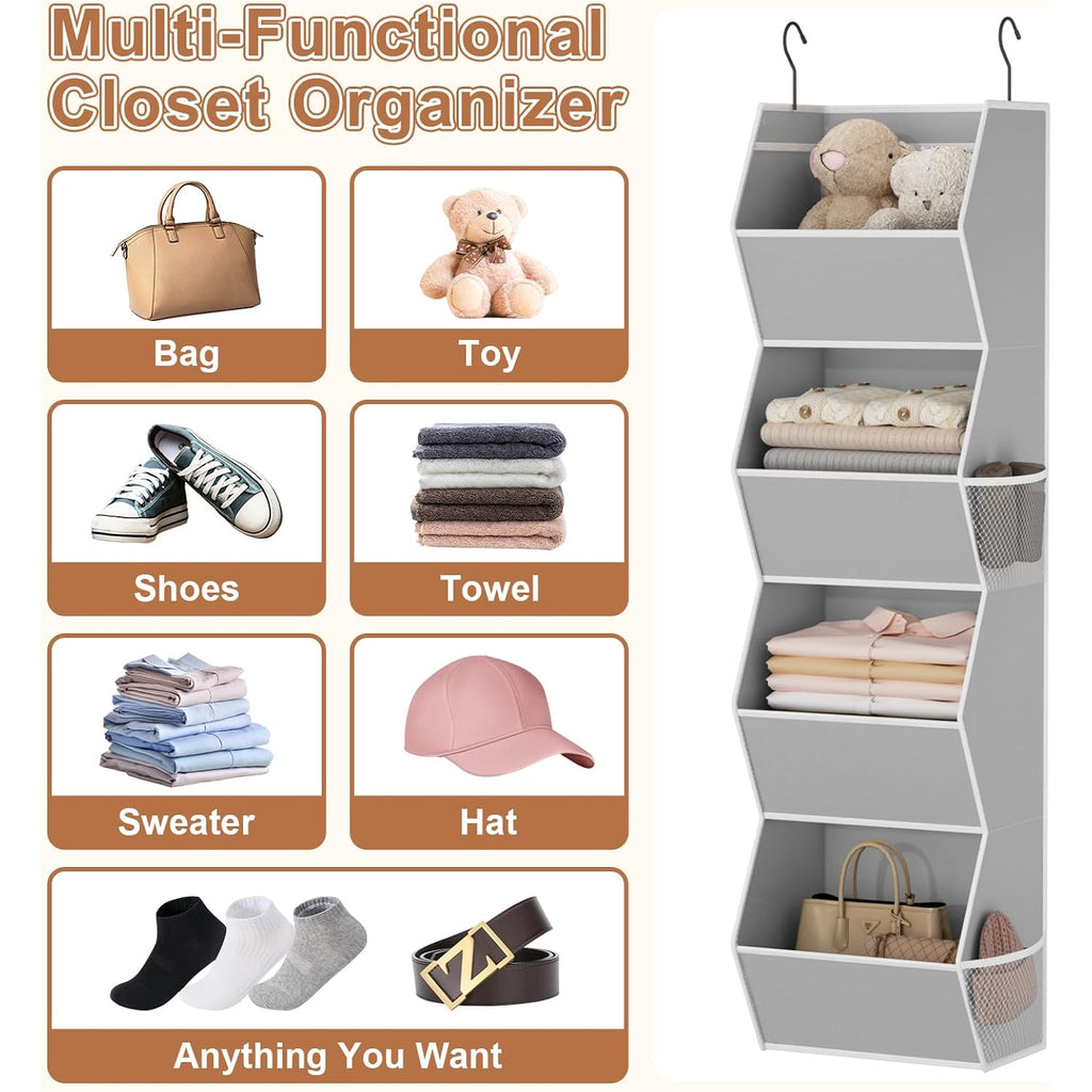 Hanging Closet Organizer 4 Shelf Collapsible Bedroom Closet Organizers And Storage Hanging With Mesh Pockets For Clothes, Fabric Hanging Storage Bins For Wardrobe Closet Organization And Storage, Grey