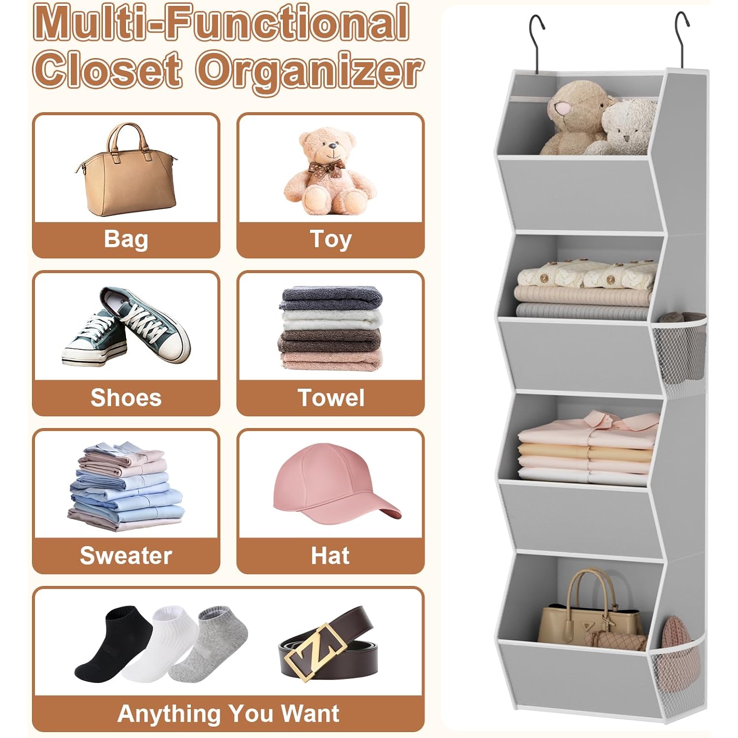 Hanging Closet Organizer 4 Shelf Collapsible Bedroom Closet Organizers And Storage Hanging With Mesh Pockets For Clothes, Fabric Hanging Storage Bins For Wardrobe Closet Organization And Storage, Grey