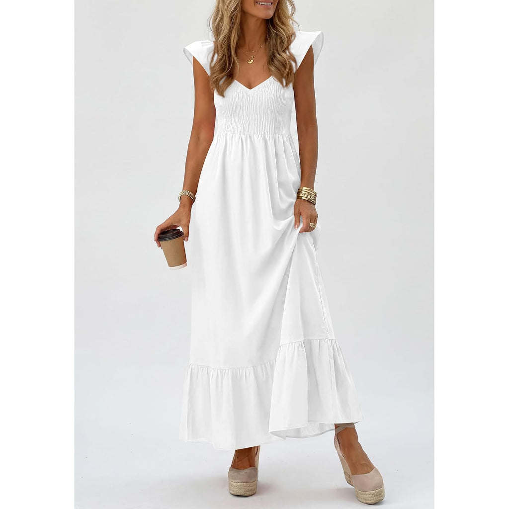 Prettygarden Women'S 2026 Summer Casual Maxi Dresses Cap Sleeve V Neck Smocked Long Pockets Party Sundress Vacation Outfits