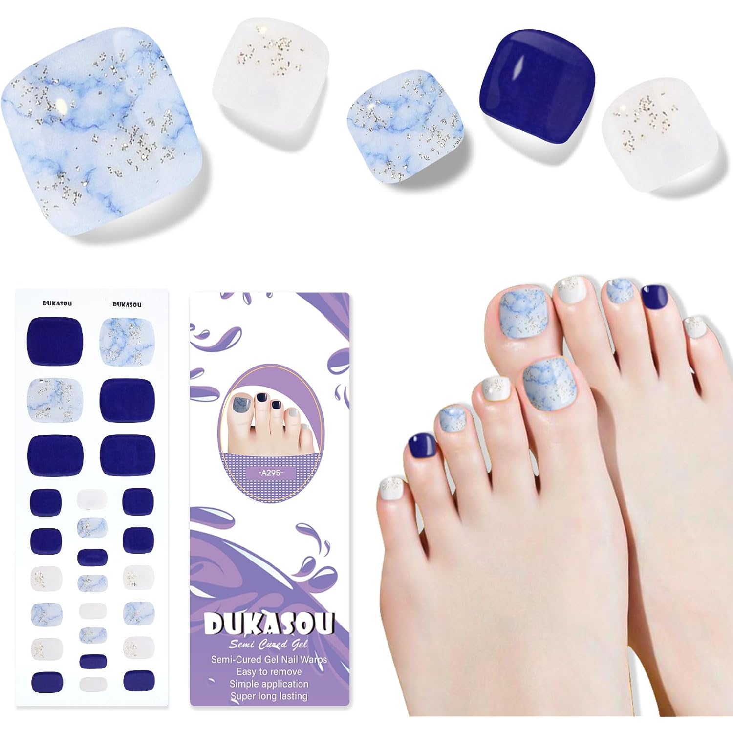 Semi Cured Gel Toe Nail Strips,26 Pcs Toes Nail Stickers Wraps(Deep Blue),UV Light Required,Easy to Apply