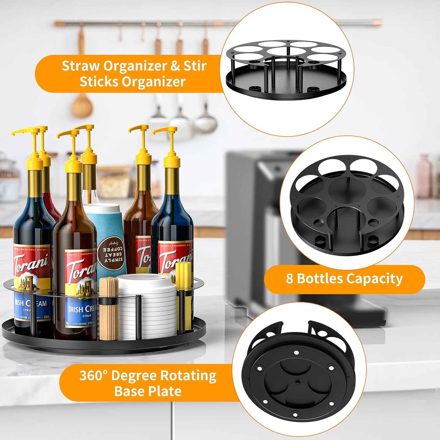 Coffee Syrup Organizer For 8 Bottles, Rotating Coffee Syrup Holder | Storage For Syrup Bottles, Cup And Lid, Stirrers, Wine Display, Syrup Rack Stand For Home, Kitchen, Coffee Bar Organizer