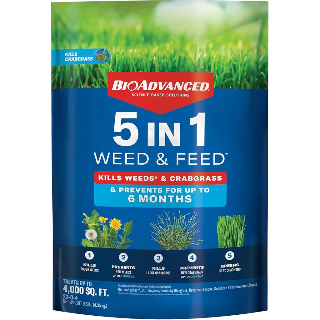 Bioadvanced 5-In-1 Weed And Feed Granules - Kills Lawn Weeds & Crabgrass - Feeds, Greens & Strengthens Lawn - Treats Up To 4,000 Square Feet - 9.6 Lb Bag | Kills Lawn Weeds & Crabgrass - Feeds, Greens, And Strengthens Lawn - Treats Up To 4,000 Square Feet