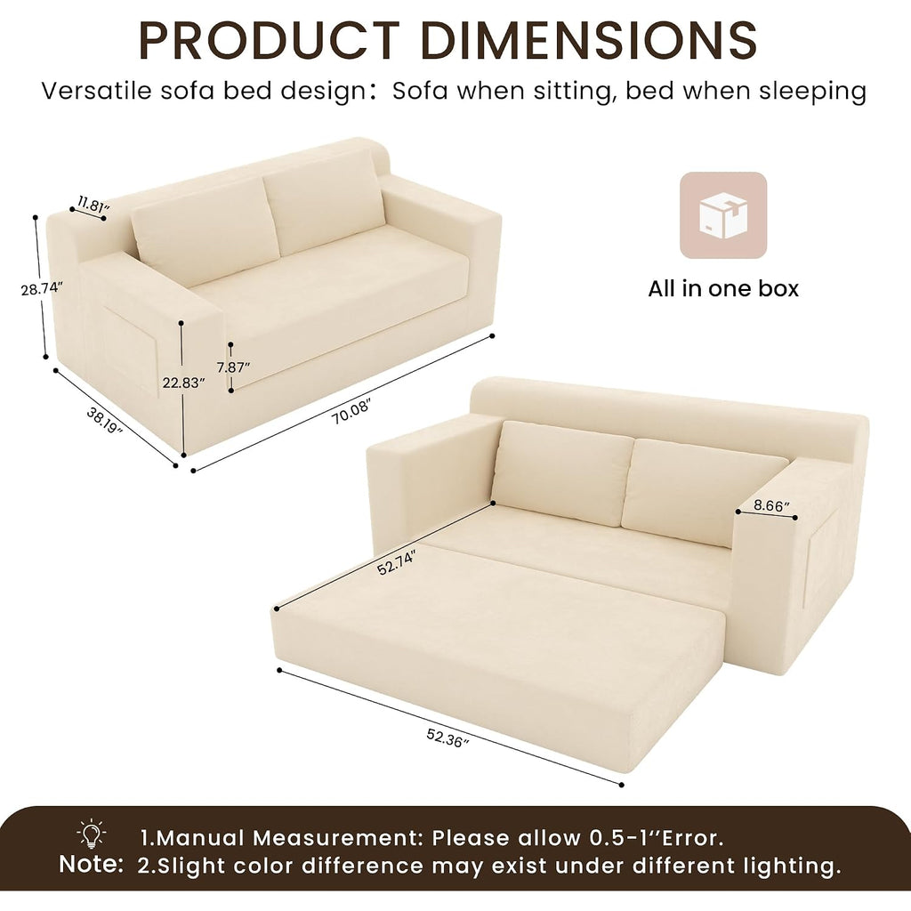 71" Boneless Loveseat Couch,Chenille Pullout Futon Couch,4 In 1 Folding 3 Seater Sofa Bed For Living Room,Boneless Cloud Couch With Storage Pocket & 2 Pillows,Beige