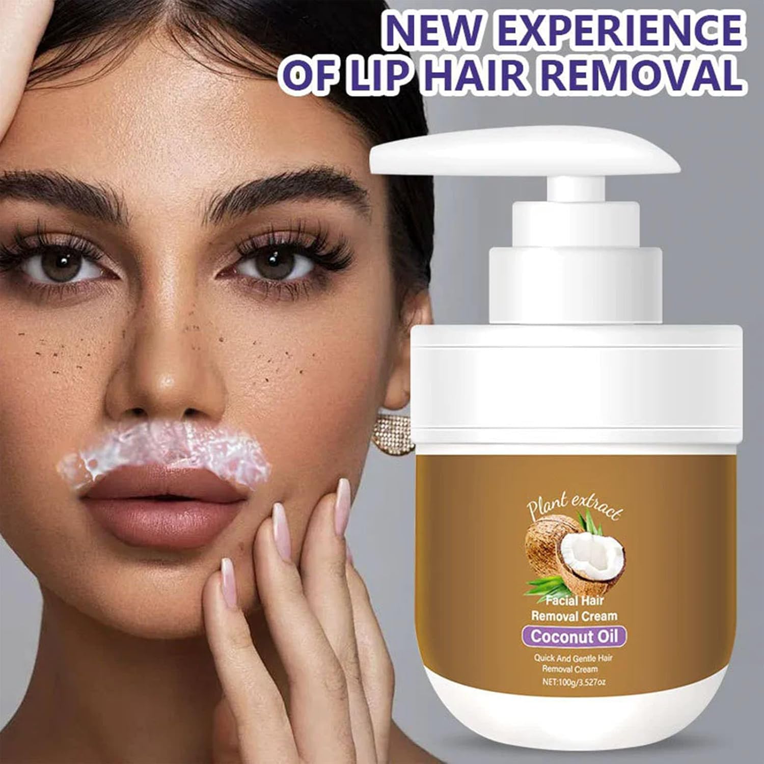 Coconut Facial Hair Removal Cream - Gentle & Effective for Women - Natural Formula, Moisturizing & Soothing, Painless Hair Remover, No Stubble, No Irritation, Fast Results, All Skin Types 3.53 oz