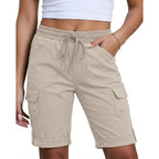 Bermuda Shorts for Women Knee Length Pull On Elasitc Waist High Rise Fold Hem Casual Summer Chino Cargo Shorts
