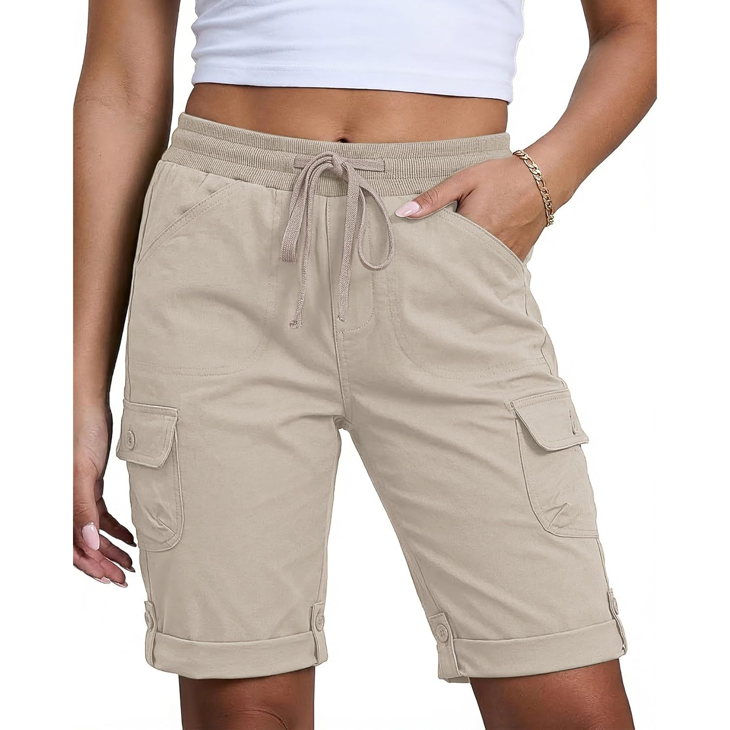 Bermuda Shorts for Women Knee Length Pull On Elasitc Waist High Rise Fold Hem Casual Summer Chino Cargo Shorts