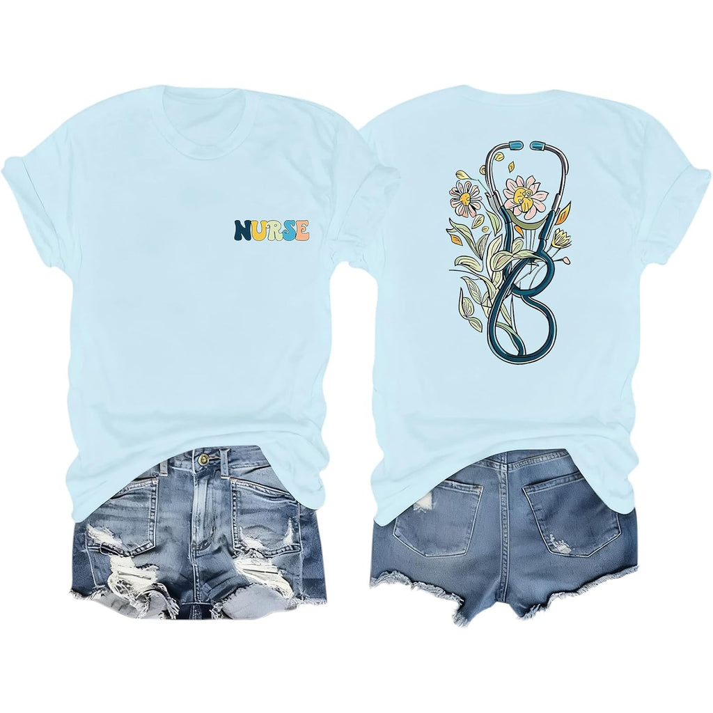 Nurse Graphic Shirts for Women Boho Floral Nurse Life T Shirt Stethoscope Oversized Graphic Tees Nurses Day Gifts Light Blue