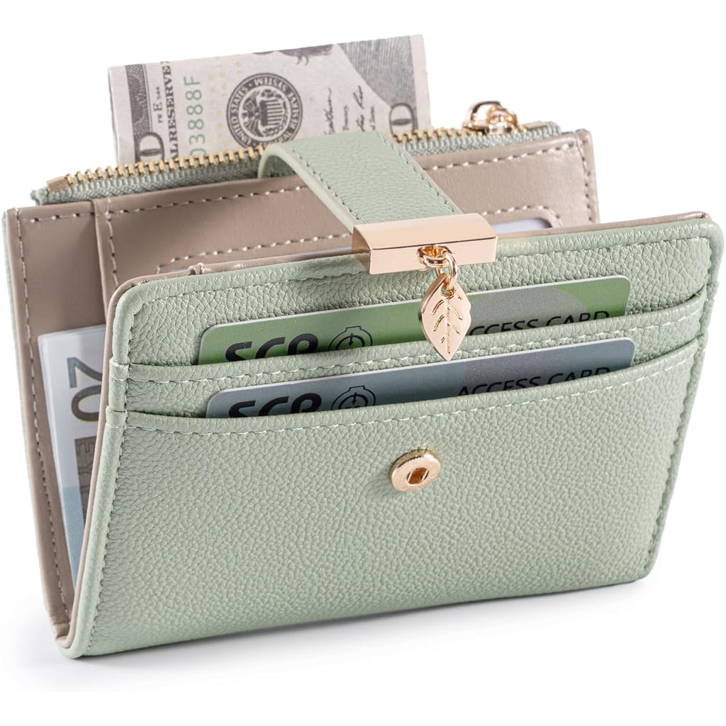 Pomelo Best Small Wallet Women RFID Blocking Bifold Soft Leather Card Holder with ID Window Zipper Coin Pocket Wallets for Women Green