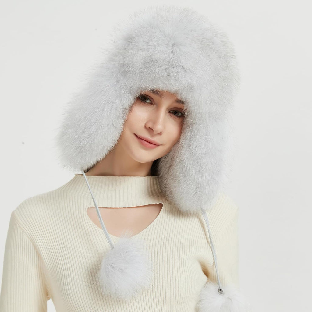 Women Real Fur Trapper Hat Sheepskin Leather Aviator Hat Ear Flaps Ushanka Hat Snow Hat with Pom Pom