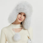 Women Real Fur Trapper Hat Sheepskin Leather Aviator Hat Ear Flaps Ushanka Hat Snow Hat with Pom Pom