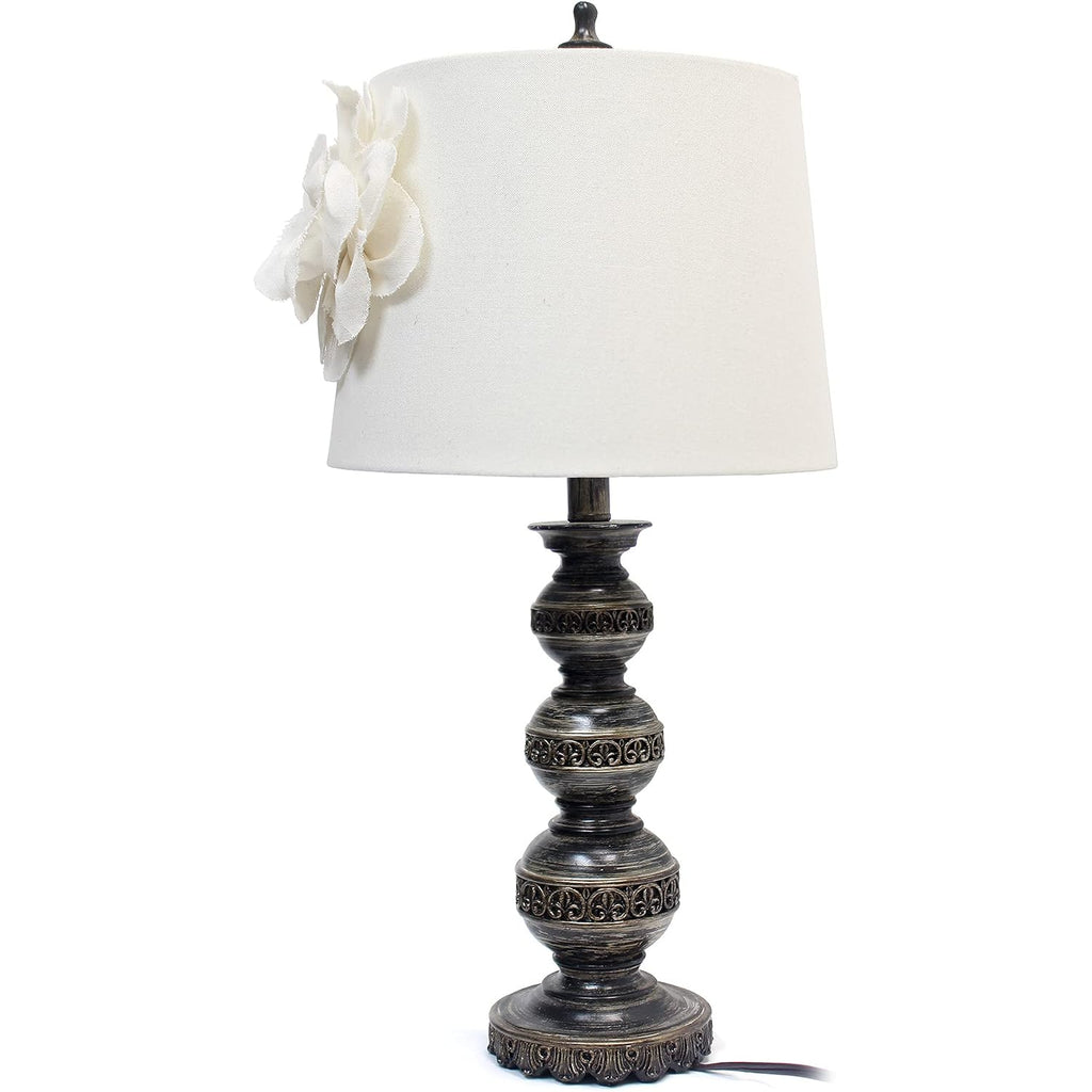 Elegant Designs Lt3097-Wht Stacked Ball Lamp With Couture Linen Flower Shade, Aged Bronze