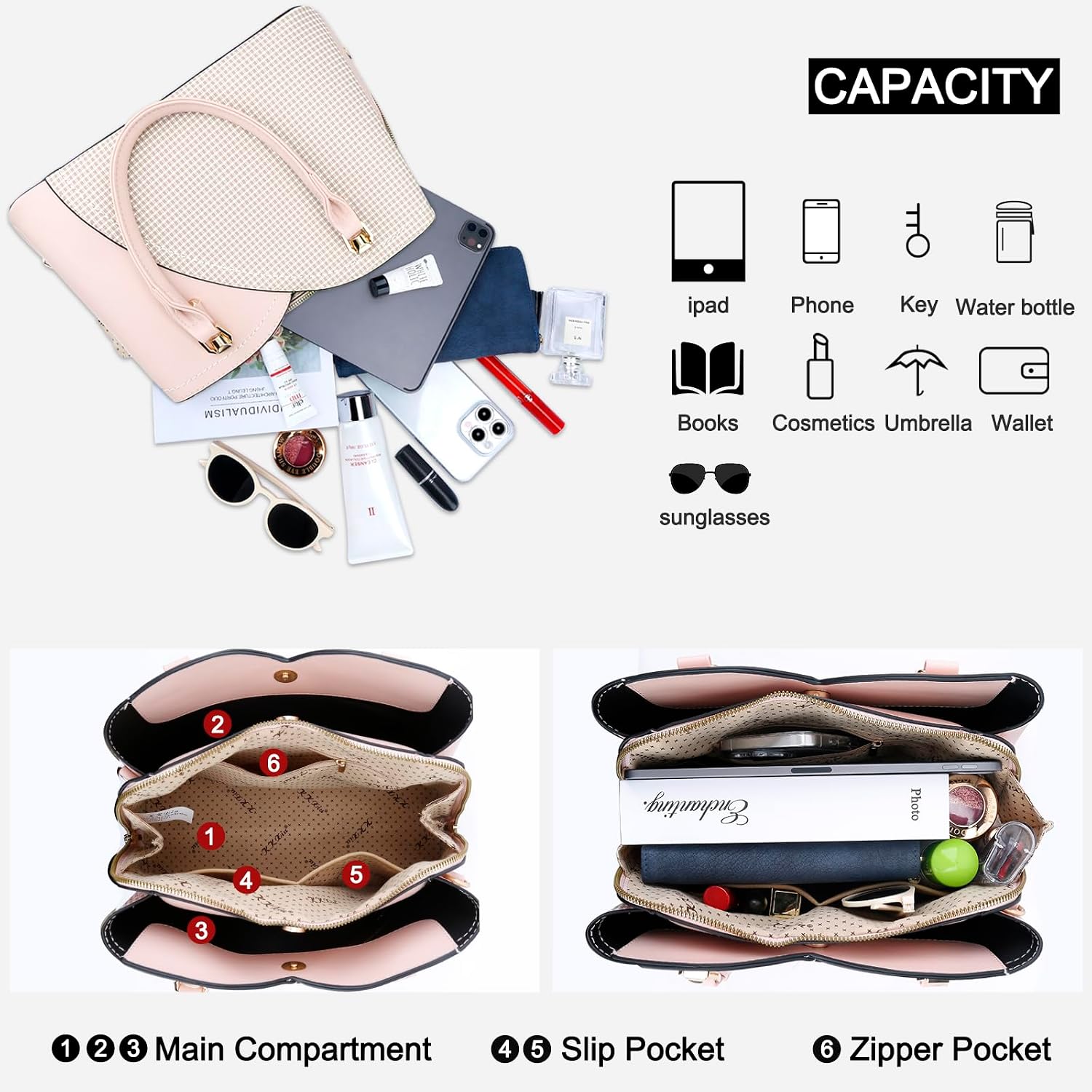 Kkxiu Triple Compartments Purses And Handbags For Women Fashion Ladies Satchel Shoulder Top Handle Bag