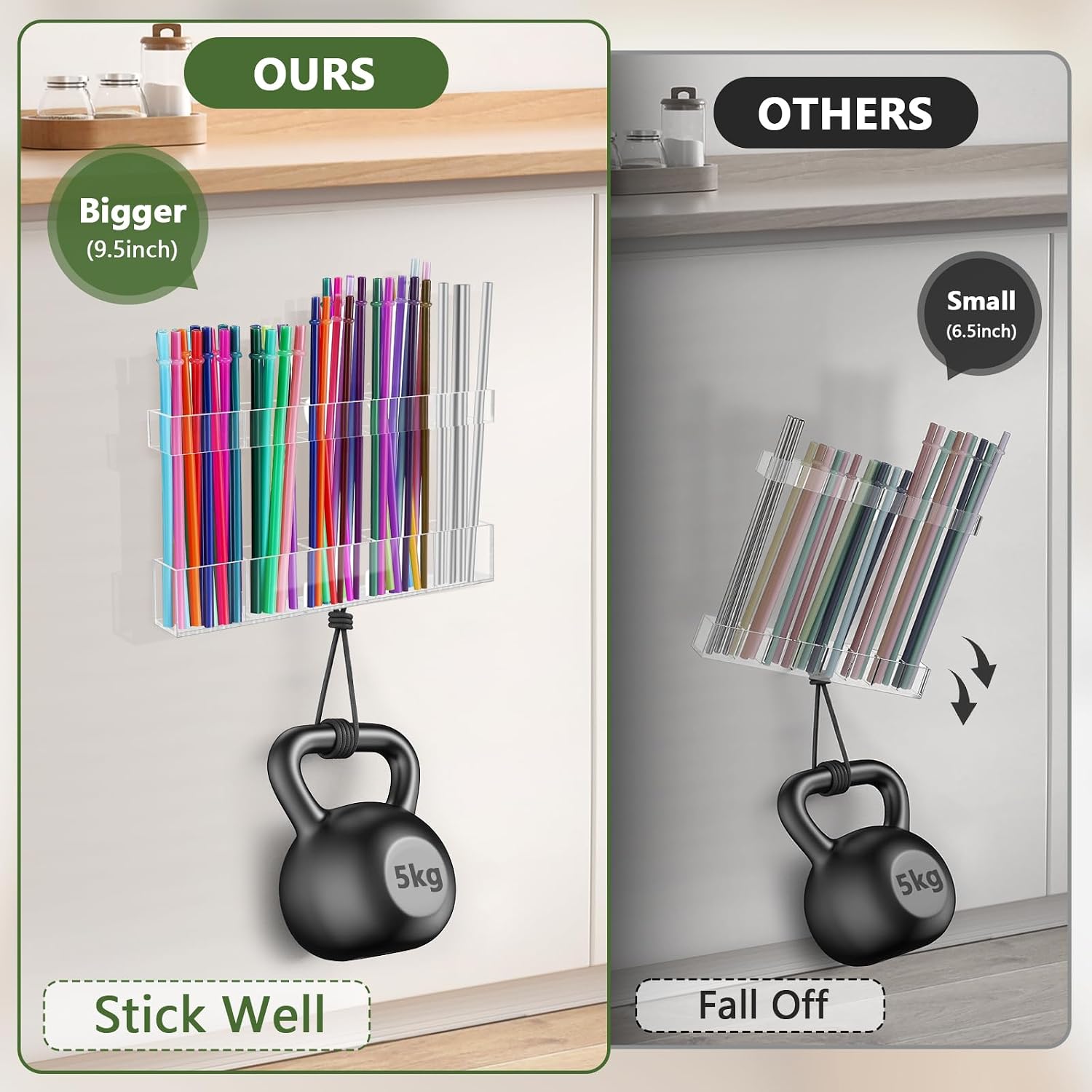 Malldii 9.5" Large Acrylic Straw Holder For Cabinet Door - Reusable Tumbler Straw Organizer Storage, Small Kitchen Accessories Container, Ultra Sticky Cupboard Door Mounted (Transparent)