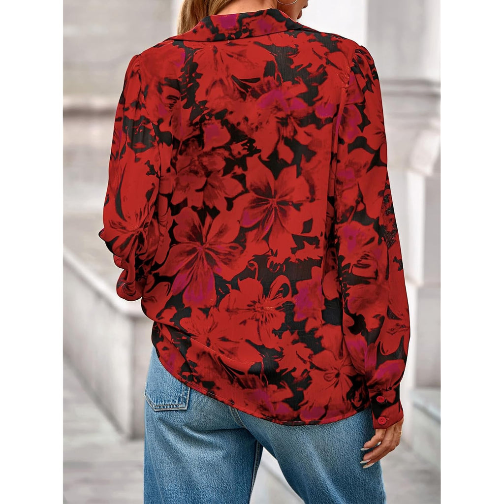 Women's Floral Blouses Dressy Casual V Neck Button Down Shirts Lantern Long Sleeve Boho Chiffon Spring Tops 2026