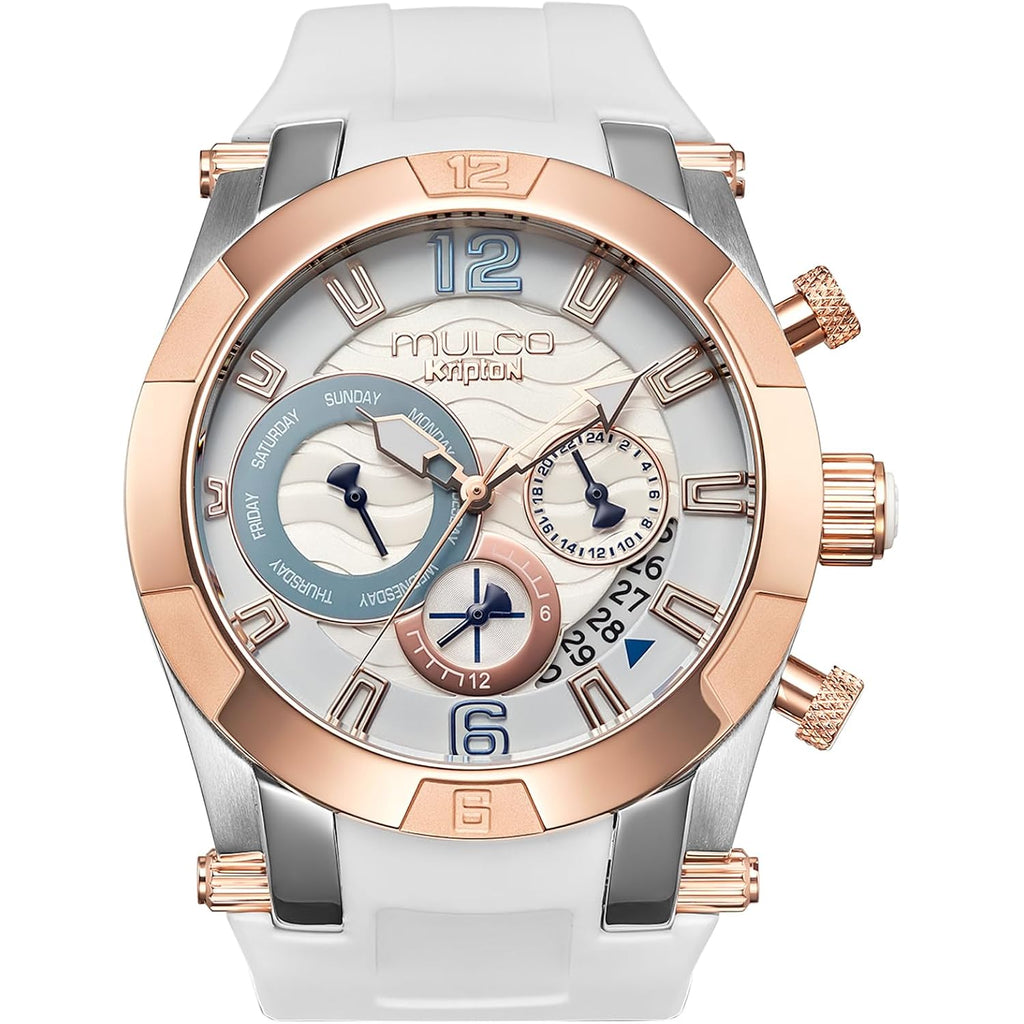 Mulco Watches For Women, Kripton Lady – 46 Mm Stainless-Steel Case, Black With Wrist Silicone Band, Quartz Multifunctional Day And Date Movement,Analog Display - Rose Gold Accents, 100M- Waterproof