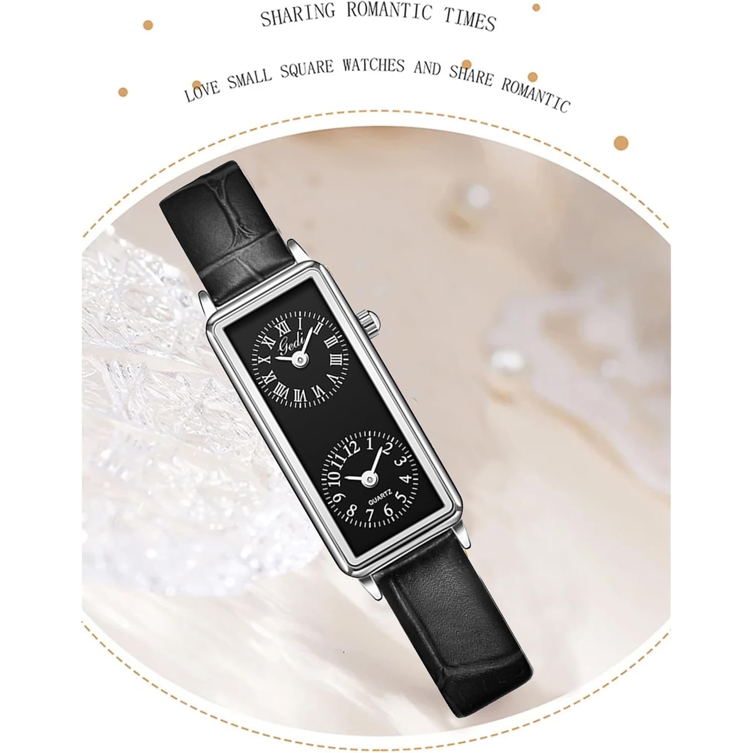 Gosasa Women’s Vintage Rectangle Watch Dual Time Zone Waterproof Ladies Quartz Analog Watch for Small Wrist with Two Dials, Roman & Arabic Numerals, Leather Strap for Travel & Business
