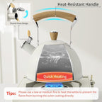 Lonffery Tea Kettle For Stove Top, 2.5 Quart Whistling Tea Kettle, Stainless Steel And Wood Pattern Folding Handle, Creamy White