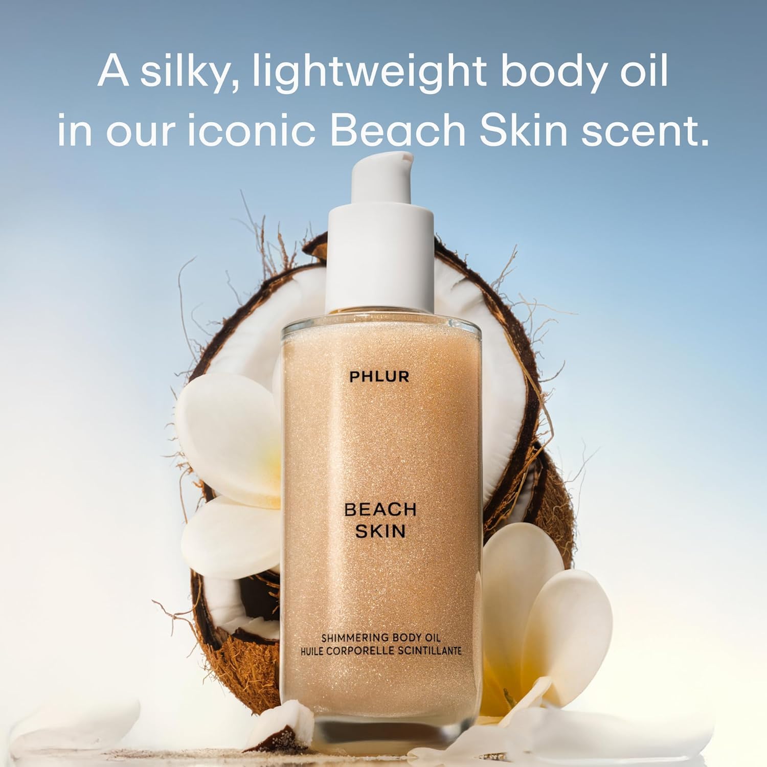 Phlur Beach Skin Shimmering Body Oil, 4 Fl Oz – Coconut, Vanilla & Sandalwood Scented Body Oil For Women & Men, Hydrating Moisturizing After Shower Oil With Subtle Glow & Skin Musk Finish