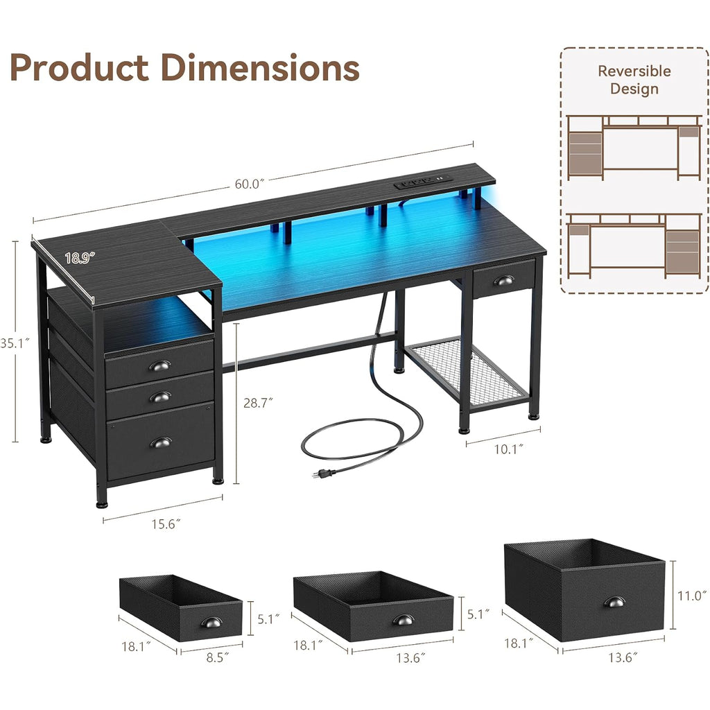 Furologee 60" Black Computer Desk With 4 Drawers And Printer Space, Gaming Desk With Led Lights And Usb Power Outlets, Home Office Desk With Fabric File Cabinet,Study Work Table With Shelf For Bedroom