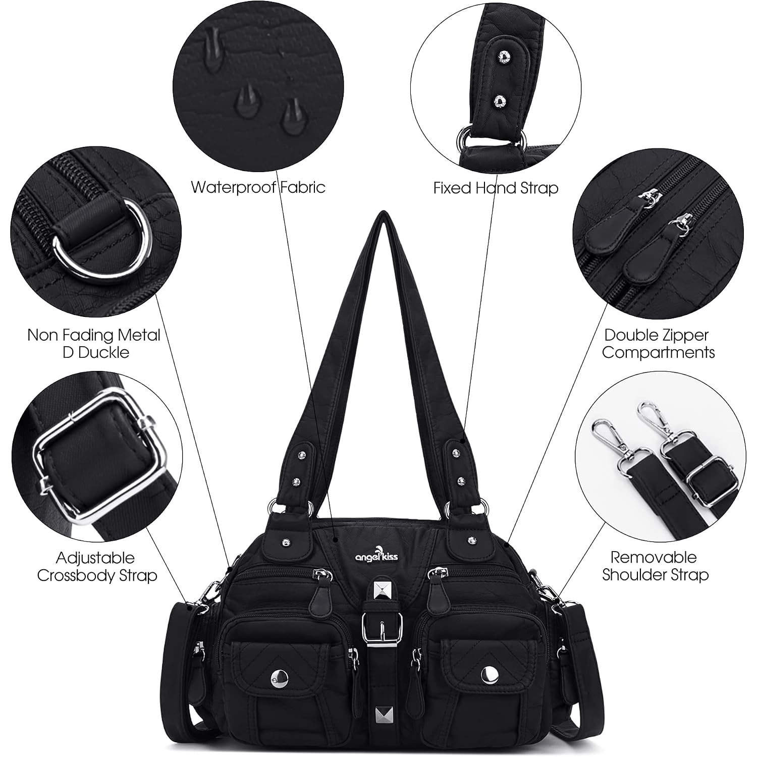 Angel Kiss Hobo Crossbody Purses For Women Shoulder Bag Multipocket Soft Hobo Purses Removable Strap Leather Handbags