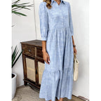 Xnc Women'S Blue And White Striped Shirt Maxi Dress 2026 Spring Fashion Collared Boho Breezy Print 3/4 Sleeve Long Dresses