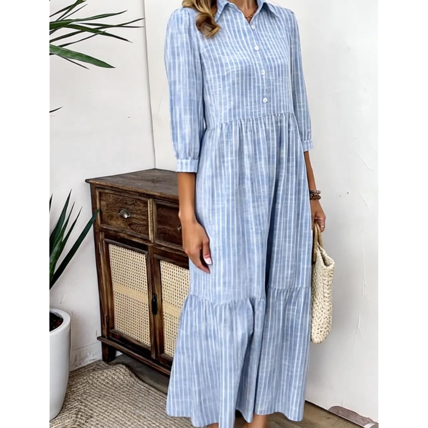 Xnc Women'S Blue And White Striped Shirt Maxi Dress 2026 Spring Fashion Collared Boho Breezy Print 3/4 Sleeve Long Dresses