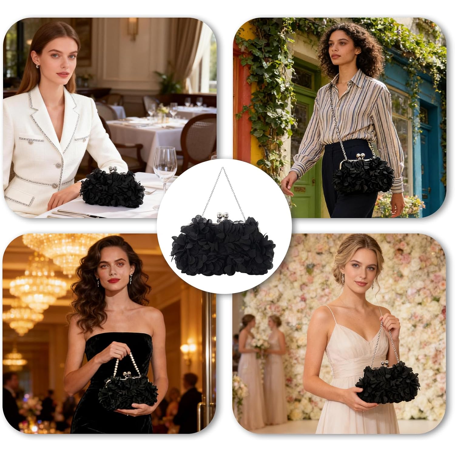 JAMBHALA Women Elegant Evening Purse, Small Floral Clutch Bag with Detachable Chain for Wedding, Party, Prom