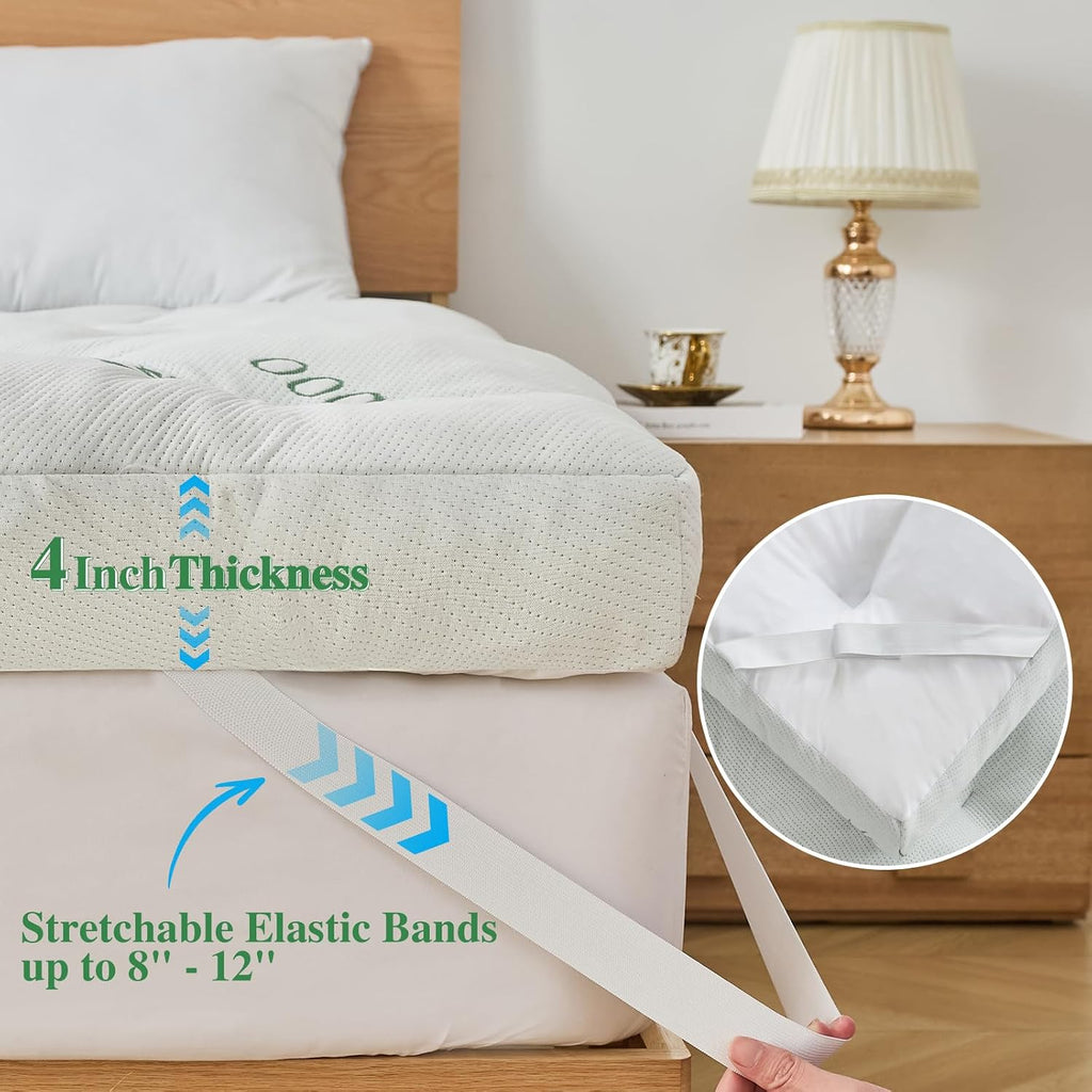 Whatsbedding 4 Inch Memory Foam Mattress Topper Queen For Back Pain Relief, Filled With Breathable Gel Memory Foam, Cooling Bamboo Viscose Air Layer, Supportive Pillow Top Mattress Topper