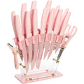 Paris Hilton Knife Block Set With Fan Style Clear Acrylic Knife Block, Premium Stainless Steel Blades With Nonstick Coating, Comfort Grip Handles, 16-Piece Set, Pink And Gold