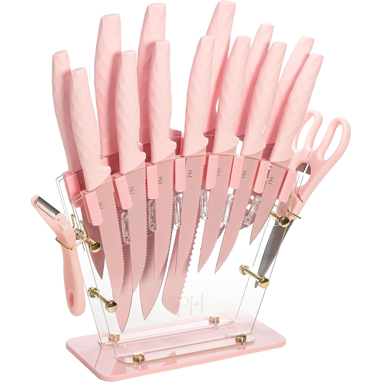 Paris Hilton Knife Block Set With Fan Style Clear Acrylic Knife Block, Premium Stainless Steel Blades With Nonstick Coating, Comfort Grip Handles, 16-Piece Set, Pink And Gold