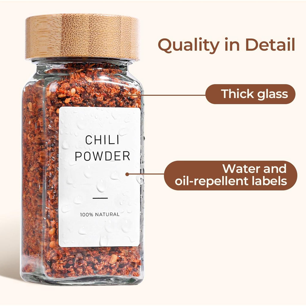 Comsaf Glass Spice Jars With With Labels 4 Oz 6 Pack Small Bamboo Lids | Empty Containers, Seasoning Herb Powder, Salt Pepper Chili, Spice Rack Organization, Kitchen Cabinet Storage, Funnel Included
