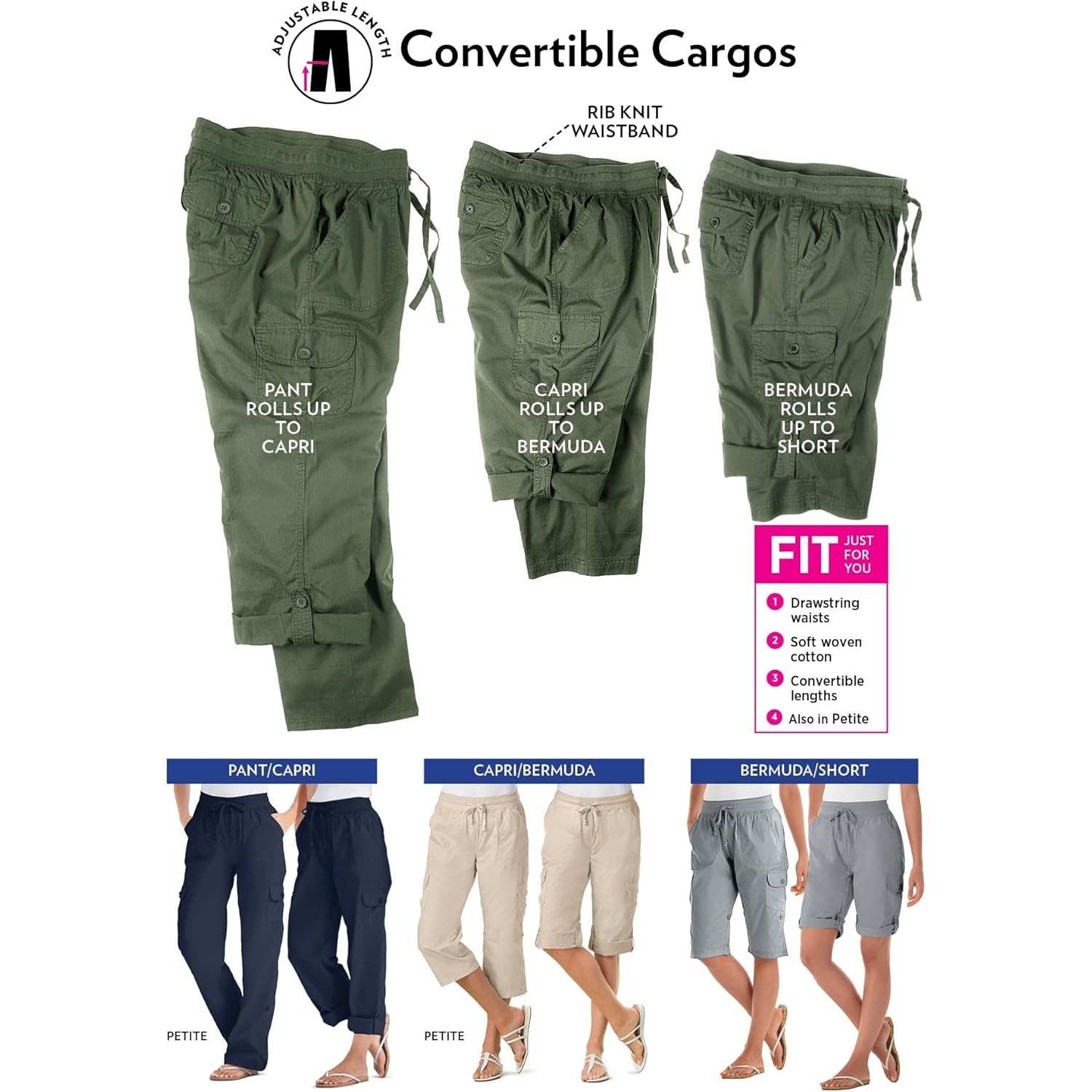 Plus Size Convertible 2-in-1 Cargo Pant & Capri Elastic Waist
