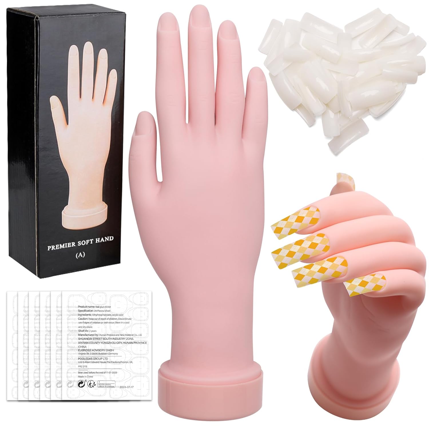 Practice Hand for Acrylic Nails, Flexible Bendable Nail Practice Hand for Beginners with 100 PCS Nail Tips & 192 PCS Jelly Glues, Silicone Manicure Training kit for Nail Art