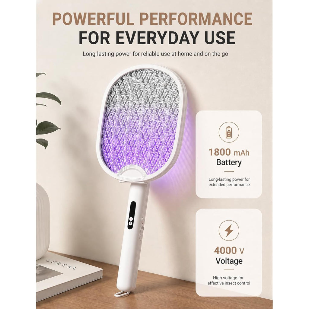 Electric Fly Swatter 4000V Bug Zapper Racket With 1800Mah Rechargeable Battery 5-Layer Safety Mesh Dual Modes 180° Foldable Ideal For Indoor Or Outdoor Use (White)
