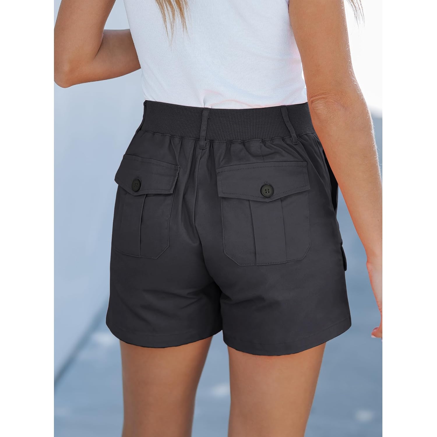 Cargo Shorts for Women Casual Summer High Waisted Chino Shorts Ribbed Elastic Waist Utility Pockets Comfy Shorts