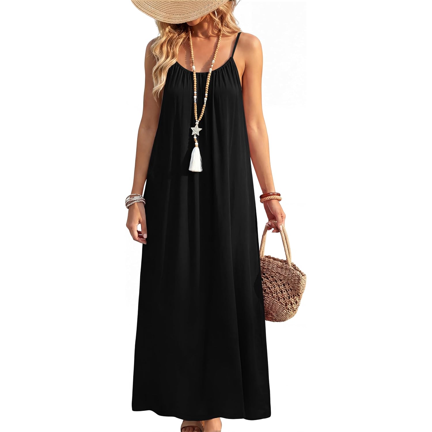 Ofeefan Summer Dresses For Women 2026 Backless Cami Maxi Sundresses Spaghetti Strap Beach Vacation Clothes Swimsuit Coverup