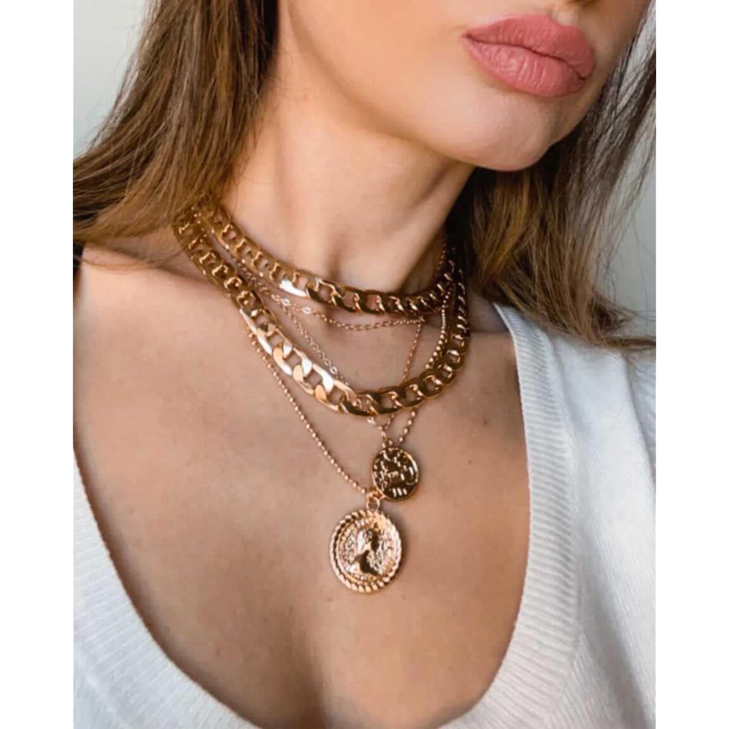 MJartoria Layered Necklaces for Women Trendy Retro Coin Pendant Necklace Dainty Chunky Chain Choker Necklaces for Jewelry Birthday Gifts