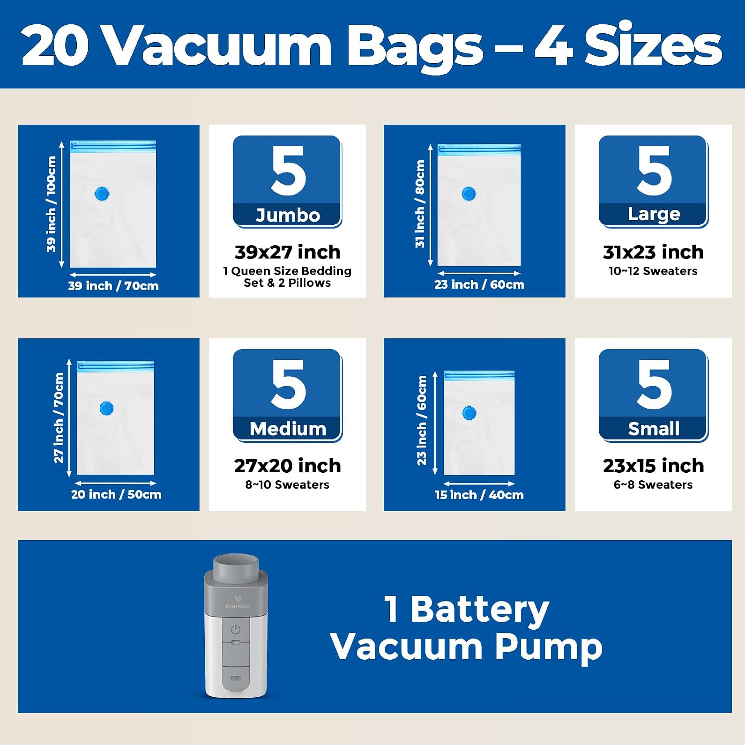 Etenwolf Vacuum Storage Bags For Travel With Rechargeable Wireless Pump, Vacuum Seal Bags For Clothes And Travel, Space Saver Bags In Carry-On Sizes, Perfect For Luggage And Suitcases, 20 Combo