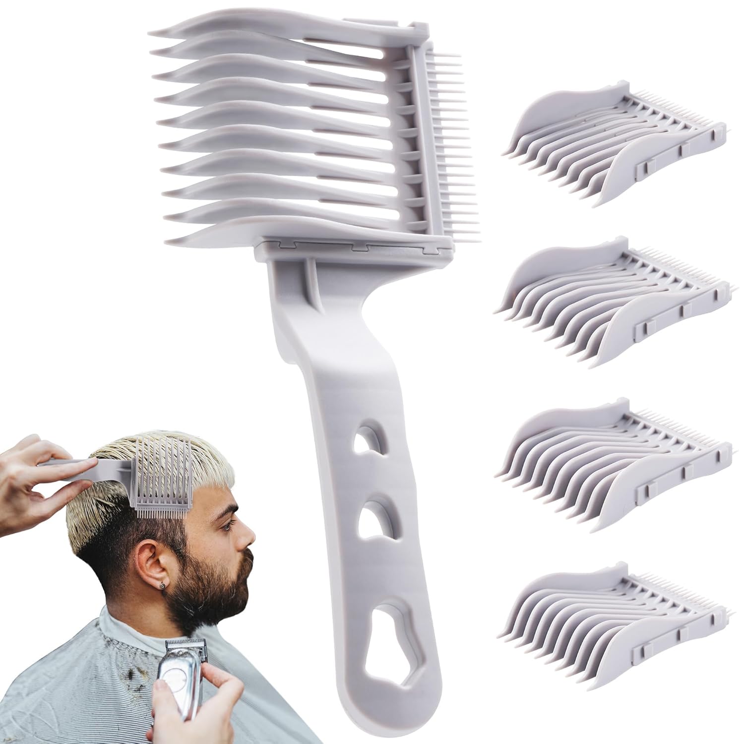 4-in-1 Detachable Fade Comb Set, 4 Different Size Barber Fade Comb, Suitable for Home and Salon Use, Compatible with All Hair Cutting Shears and Barber Tools, Grey