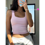 Danysu Women Rib Tank Top Padded Workout Top Square Neck Crop Tank Fitted Basic Cami Tops