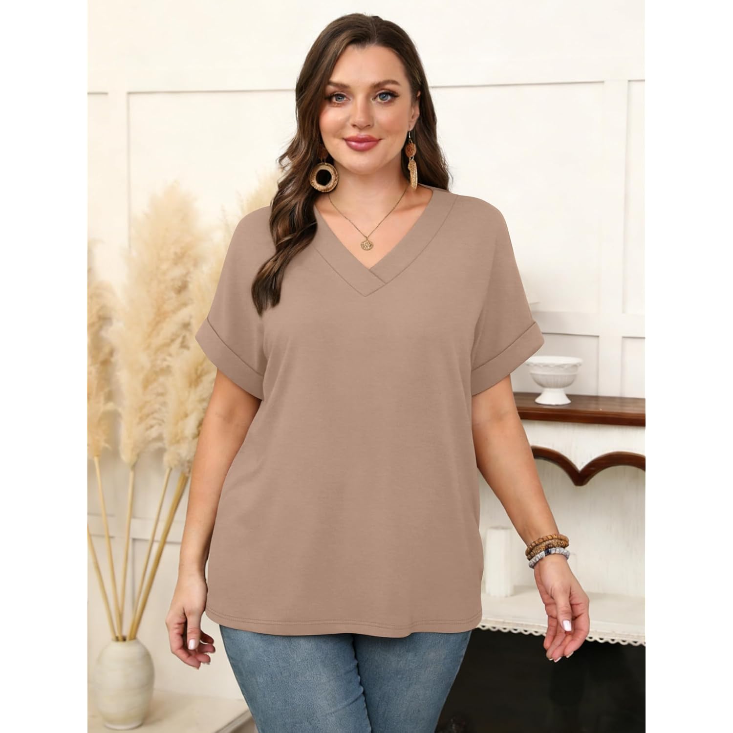 Womens Oversized V Neck Tshirts Plus Size Summer Tops 2026 Short Rolled Sleeve Shirts Dressy Casual Blouses S-4XL