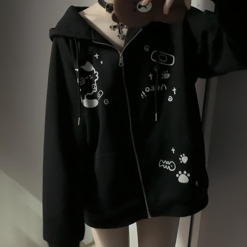 Womens Y2K Zip Up Cute Graphic Hoodies Cat Ears Casual Cartoon Harajuku Kawaii Clothes Oversize Streetwear Jacket