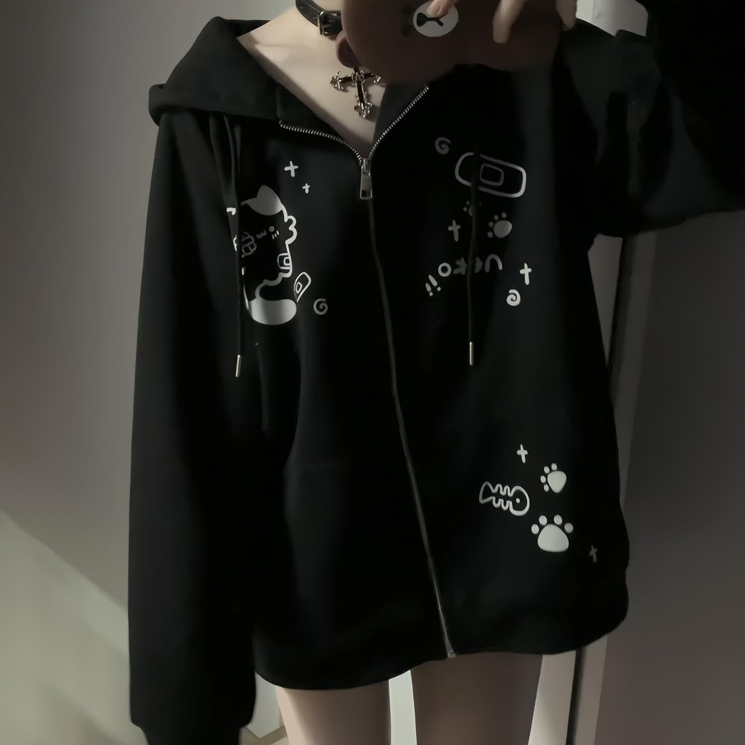 Womens Y2K Zip Up Cute Graphic Hoodies Cat Ears Casual Cartoon Harajuku Kawaii Clothes Oversize Streetwear Jacket