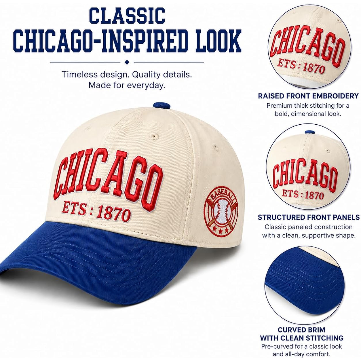 Baseball Hat for Women Men, Two-Tone Baseball Cap, Adjustable City Embroidered Cap Chicago
