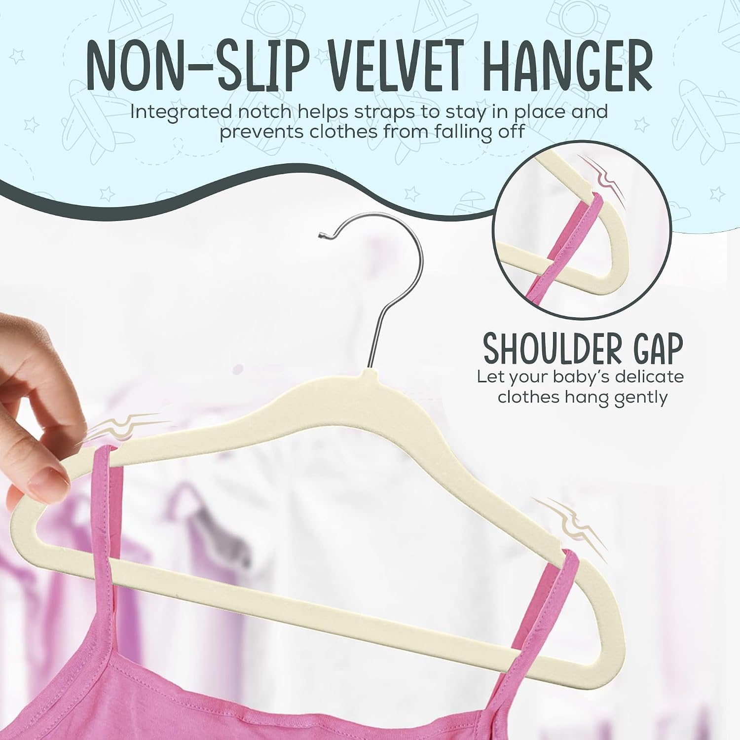50 Premium Baby Velvet Hangers - 11.8" Non-Slip, Ultra-Slim Space-Saving Children Closet Hangers - 360° Swivel Hook, Strong & Durable Infant & Toddler Clothes Hangers For Wardrobe - Ivory