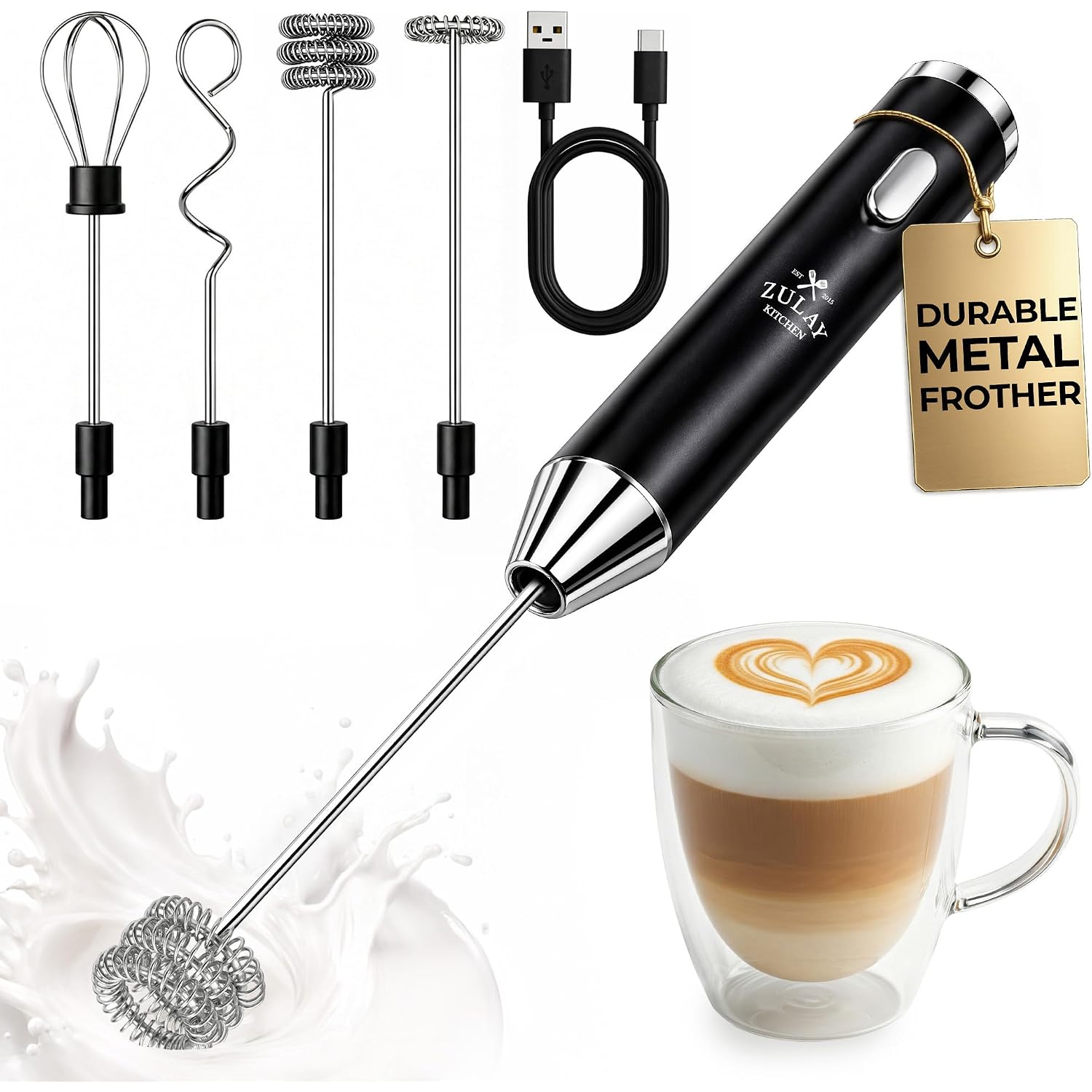 Zulay Kitchen Rechargeable Milk Frother Handheld - Frother Wand, Drink Mixer, Electric Whisk Frother, For Cappuccinos, Matcha & Protein Powder - Ultra Metal 3 Whisk, 1800Mah Black