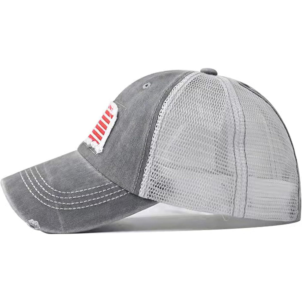 Woman Man Ponytail Baseball Cap - US Flag Breathable Mesh Outdoor Golf Sun Hat for Summer Gray