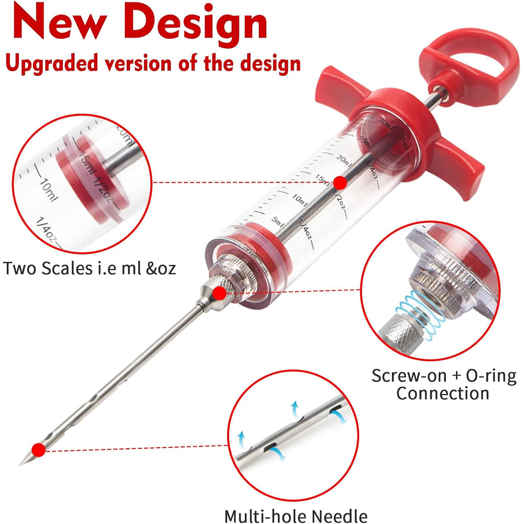 Meat Injector, 1-Oz Plastic Bbq Marinade Injector Kit, Turkey Injector Syringe (3 Stainless Steel Meat Needles +3 Replacement O Rings + 1 Cleaning Brush) For Turkey Smoked Bbq Grill