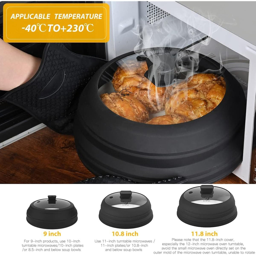 Microwave Splatter Cover Glass Splatter Guard Lid with Collapsible Silicone for Food Pot Cover Plate Cover 10.8 inch Black